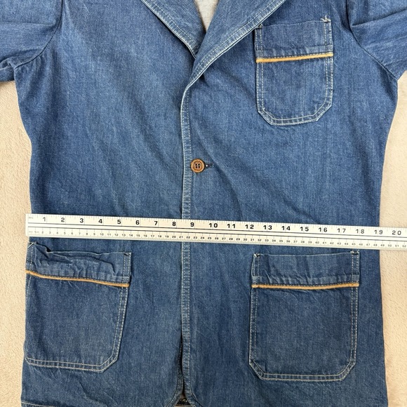 Outlooks Blue 70s Vtg Denim Jacket Womens Sz L Elbow Patches Tailored Buckle USA - Picture 9 of 13
